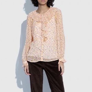 COACH Long Sleeve Pure Silk Sheer Ruffle Detail Blouse Size 10